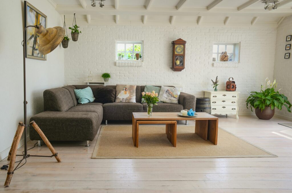 Stylish living room interior featuring a cozy couch, decor accents, and natural elements.